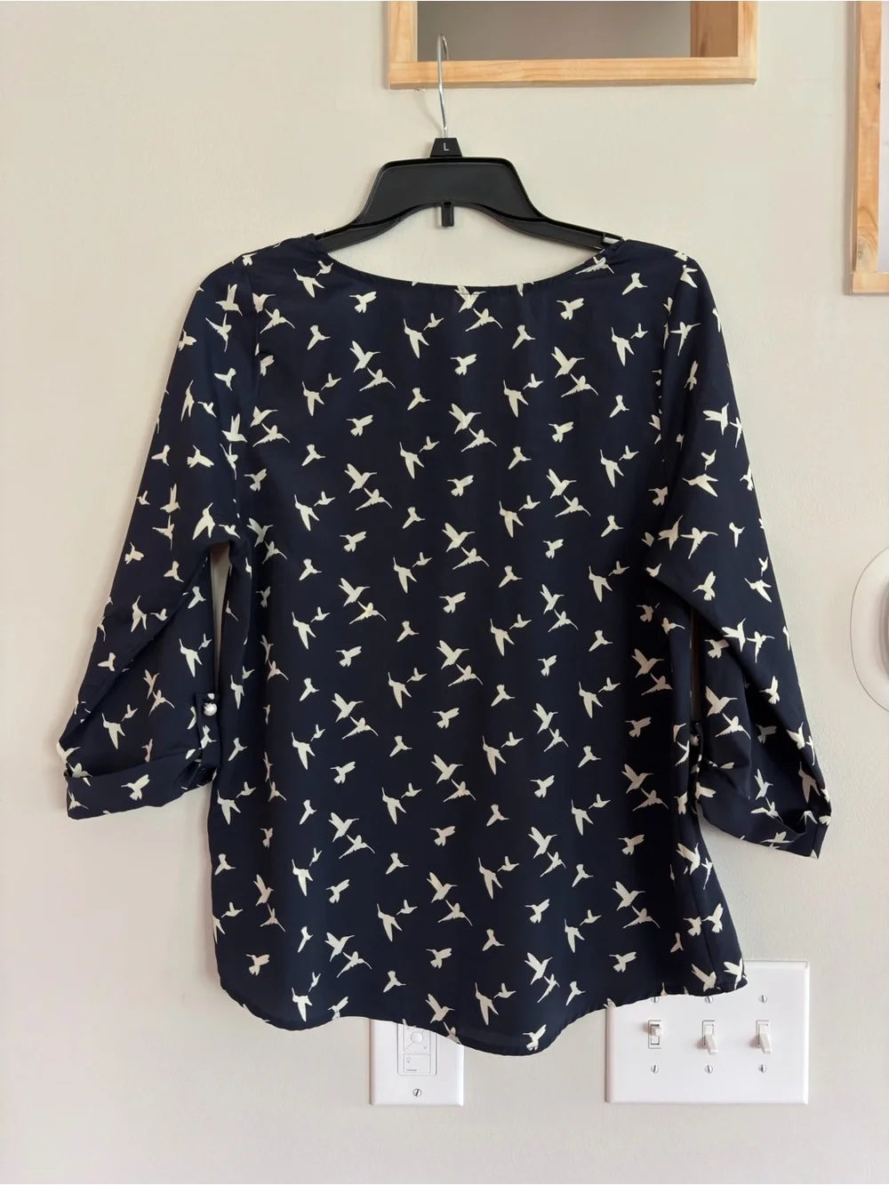 Everly Navy Blouse with White Bird Motif